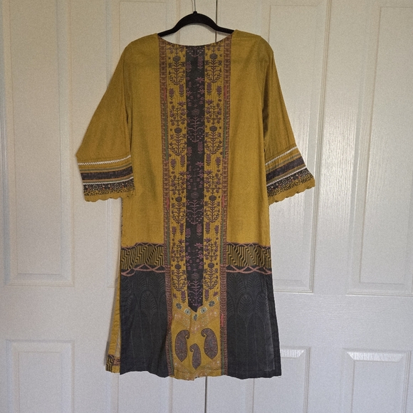 Printed Long Top Yellow Kameez 100% Cotton Causal Wear Dress Size L - Picture 5 of 9